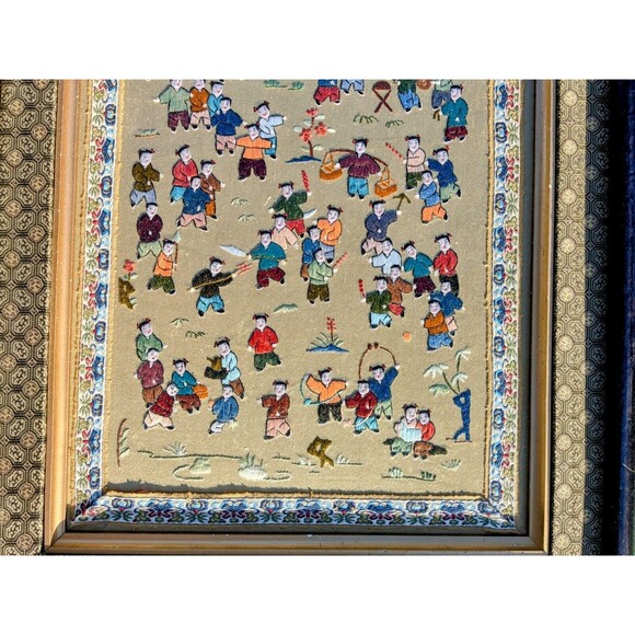 VTG Chinese Hand Embroidered Silk Panel-Hundred Children Playing-25x13" Framed - Picture 6 of 6